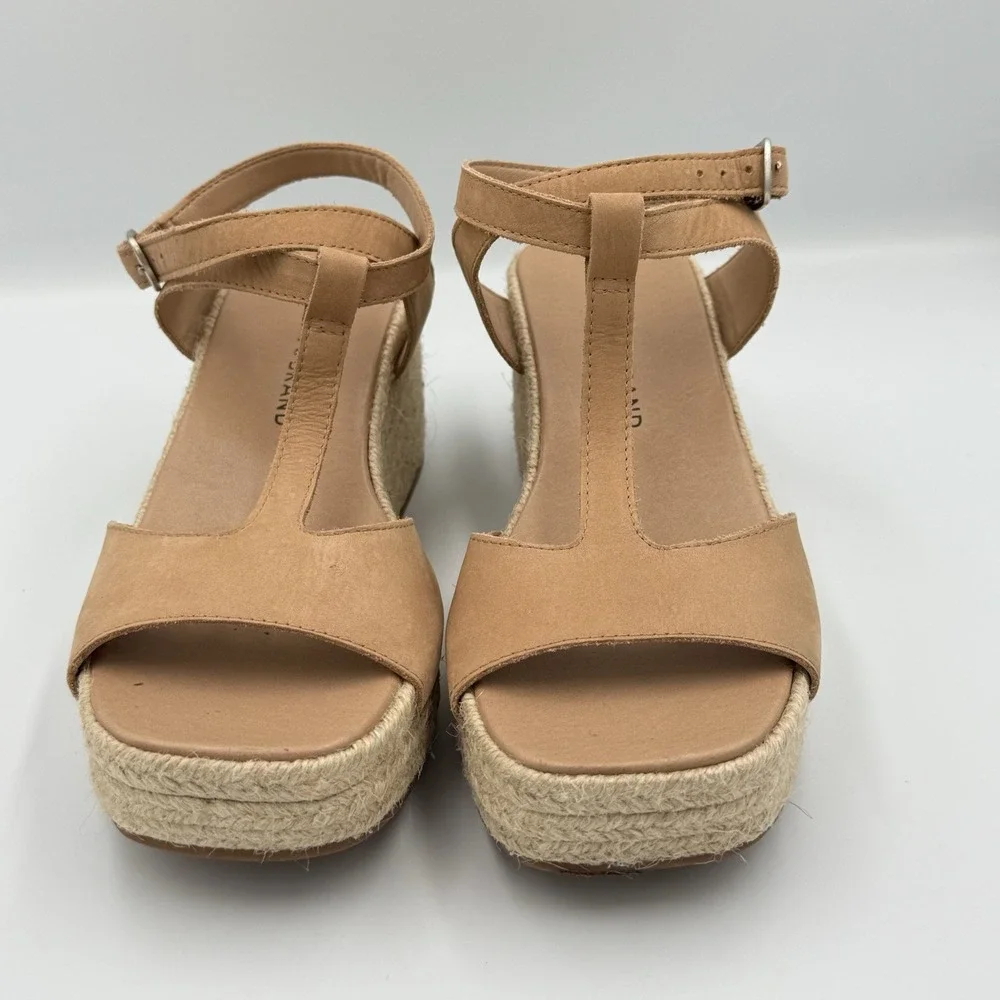 Lucky Brand Valki Sandals Womens Sz 7M Beige Leather‎ T-Strap Espadrille Wedge